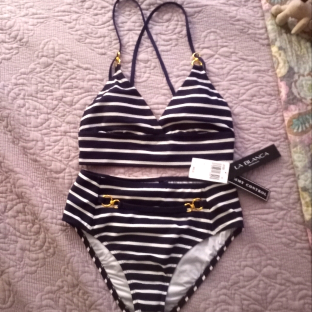 New Navy blue/White striped full bottom bikini
